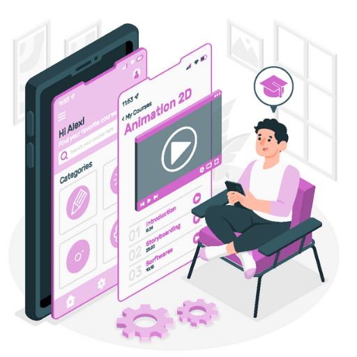 isometric boy using mobile watching explainer video