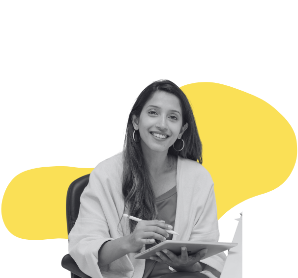 Girl holding a book with yellow background writing digital marketing and explainer ai video ads.